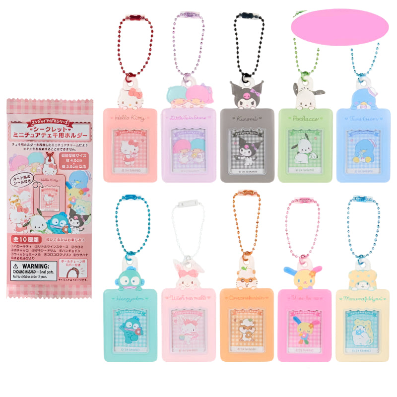 Sanrio blind box unboxed showing mini photo charm on a keychain