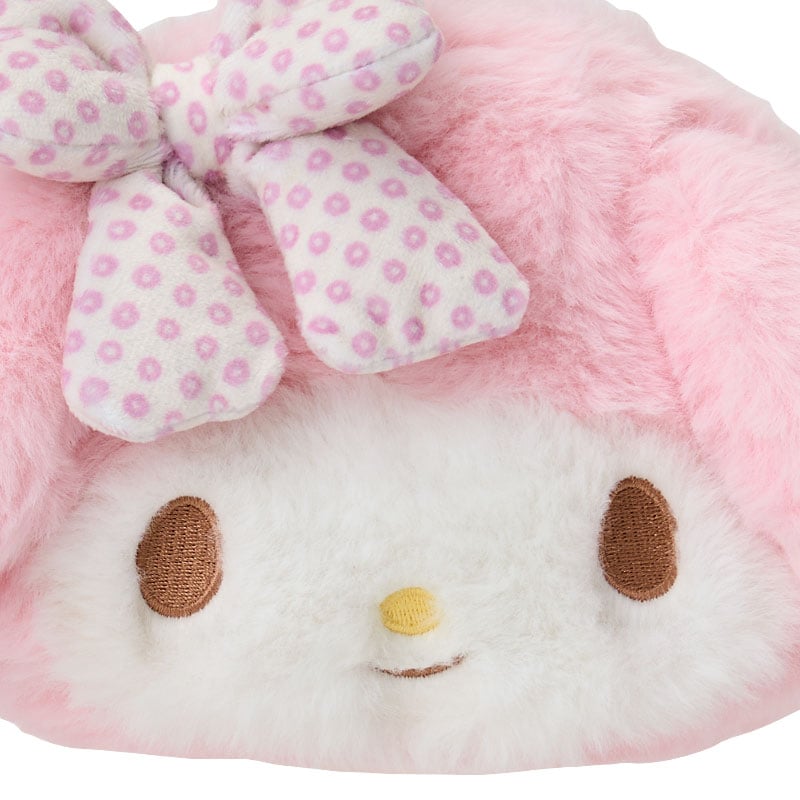Open view of My Melody plush pouch with printed interior lining and hand-painted cheeks.