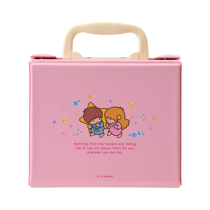 LittleTwinStars mini suitcase open, displaying Sanrio plushies inside