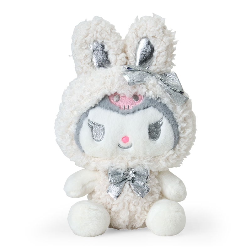 Front view of the Snowy Kuromi Bunny Plush Toy showcasing its metallic eyes and fluffy texture.