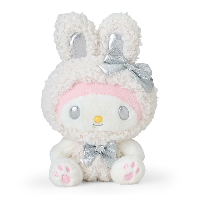 Front view of My Melody Snow Bunny plush with metallic bows and bunny ears