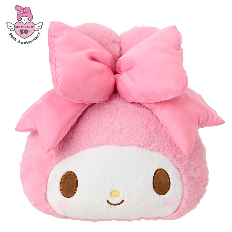Close-up of My Melody plush face with hand-painted cheeks and embroidered details
