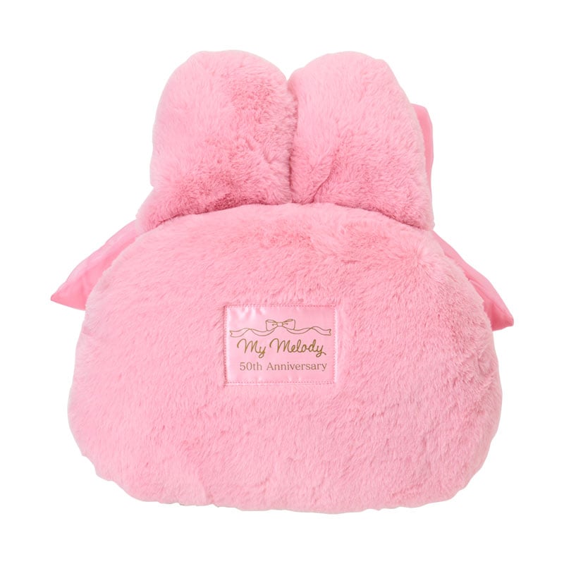 Full view of the 50th Anniversary My Melody plush, showing size and craftsmanship
