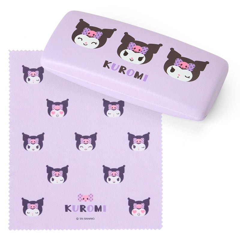 Kuromi hard eyeglass case with cleaning cloth displayed on a table.
