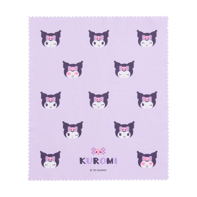 Kuromi hard eyeglass case with cleaning cloth displayed on a table.