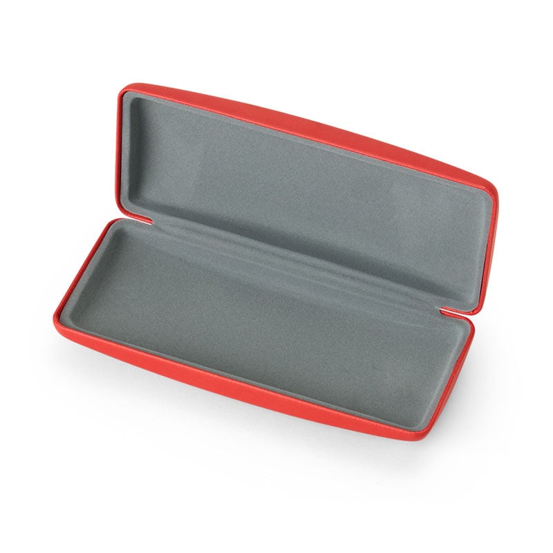 Open glasses case showing soft interior lining and microfiber cloth