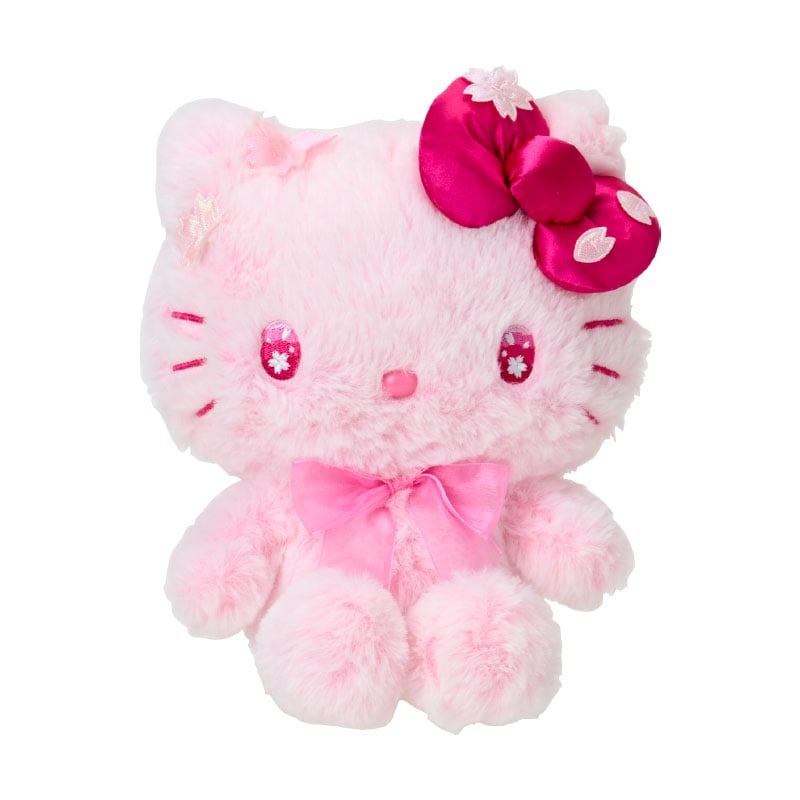 Front view of Hello Kitty plush with sakura accents.