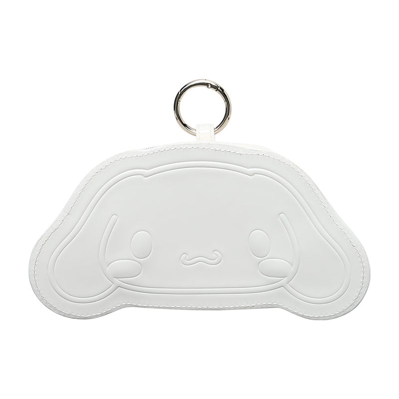 Front view of silver Cinnamoroll pouch showing houndstooth fabric and metal zipper.