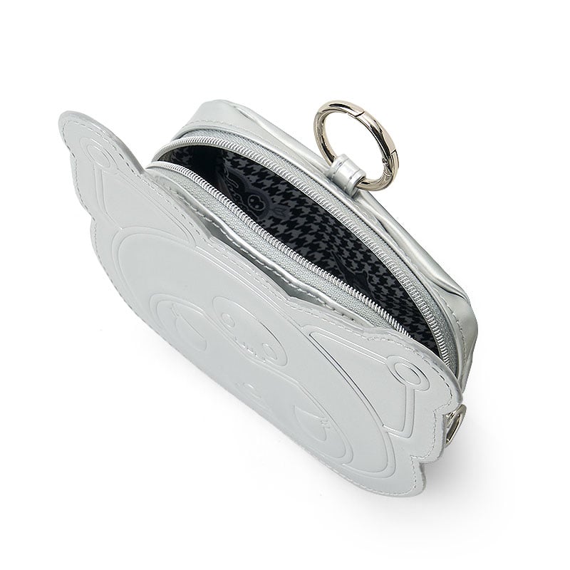 Side angle of the mini zipper pouch with silver hardware details