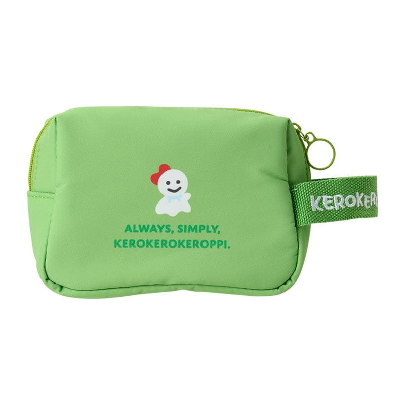 Close-up of the matching embroidered strap and cheerful design on the mini zipper pouch