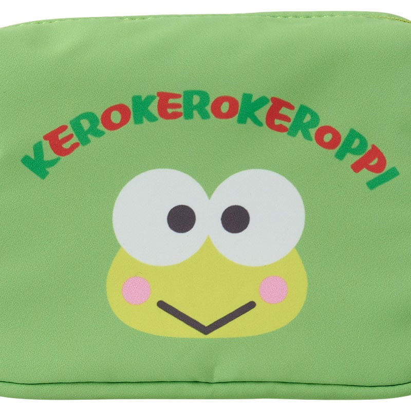 Front view of the Keroppi mini zipper pouch with Sanrio character design and heart-shaped zipper pull