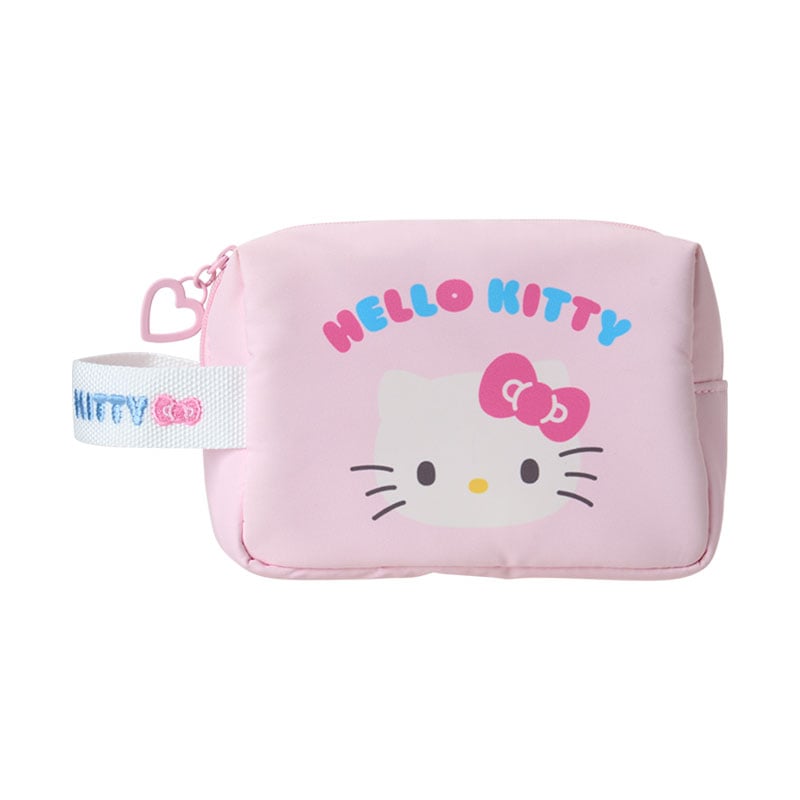 Front view of mini zipper pouch showing Hello Kitty and heart zipper pull