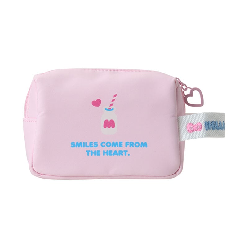 Side angle of Hello Kitty cosmetic pouch with strap and smooth material