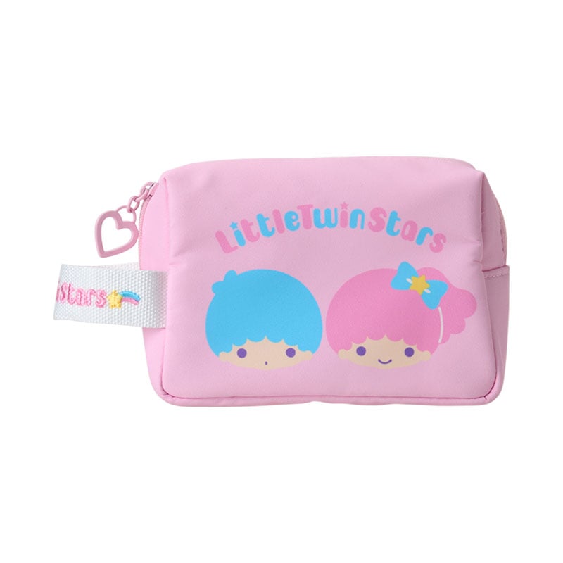 Little Twin Stars mini pouch displaying heart-shaped zipper pull and embroidered strap