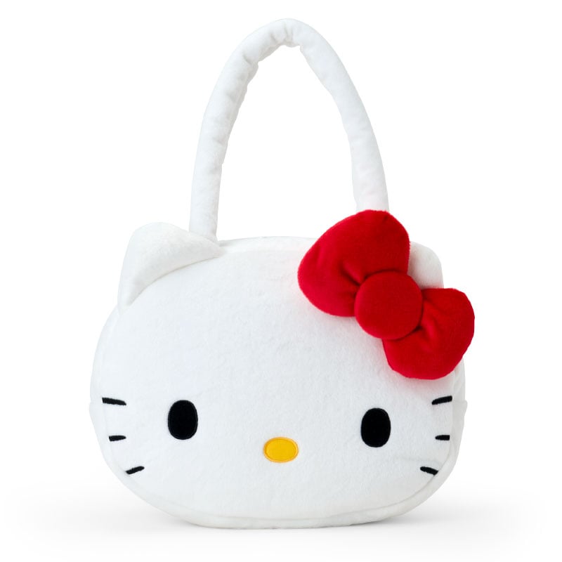 Front view of the Hello Kitty plush tote bag with embroidered face.