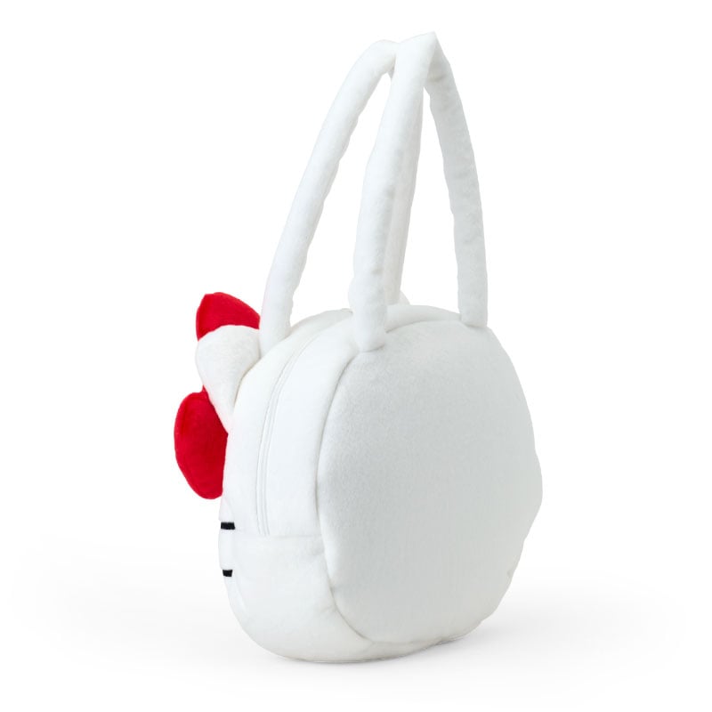 Front view of Hello Kitty plush face tote bag with embroidered details