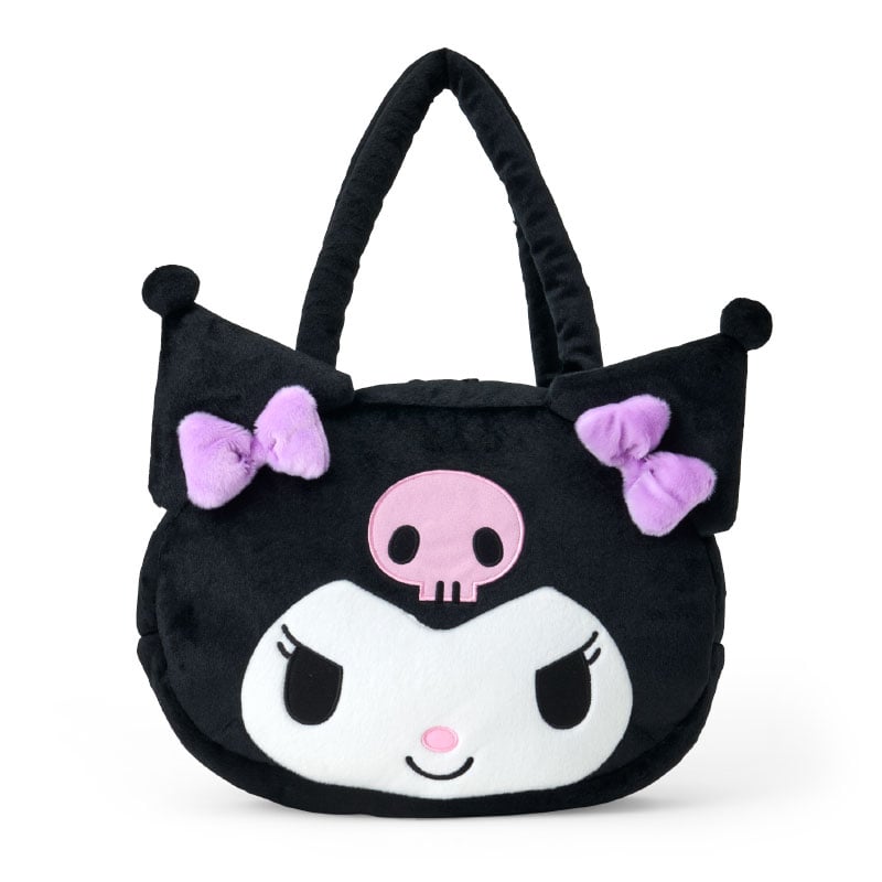 Kuromi plush face tote bag with embroidered details, front view