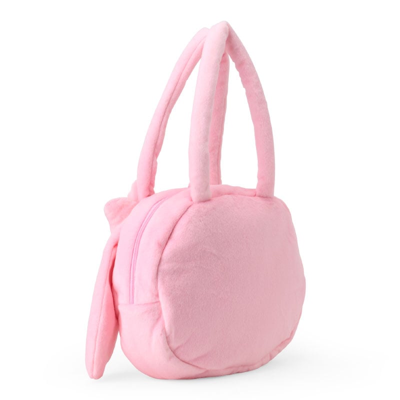 Front view of My Melody tote bag showing detailed embroidery and plush texture.