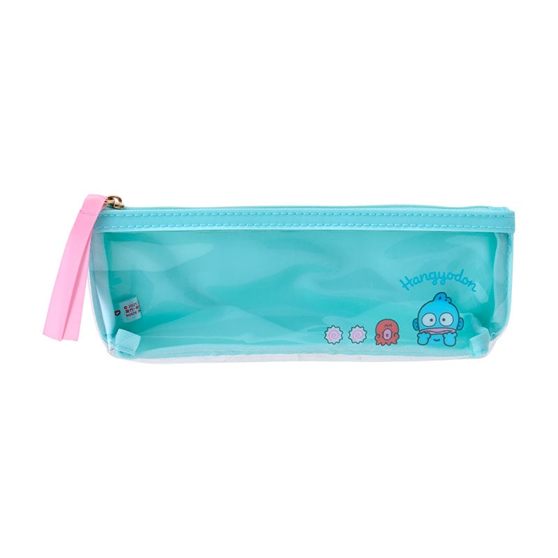 Close-up of Hangyodon pencil pouch showing transparent panel and zipper