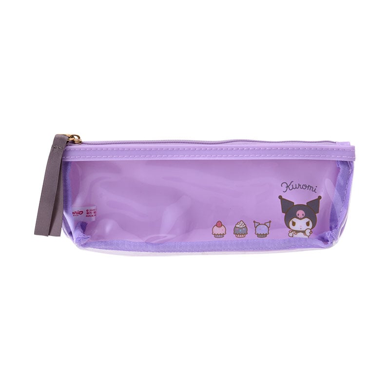 Kuromi character pencil pouch open on a notebook, showing pens inside