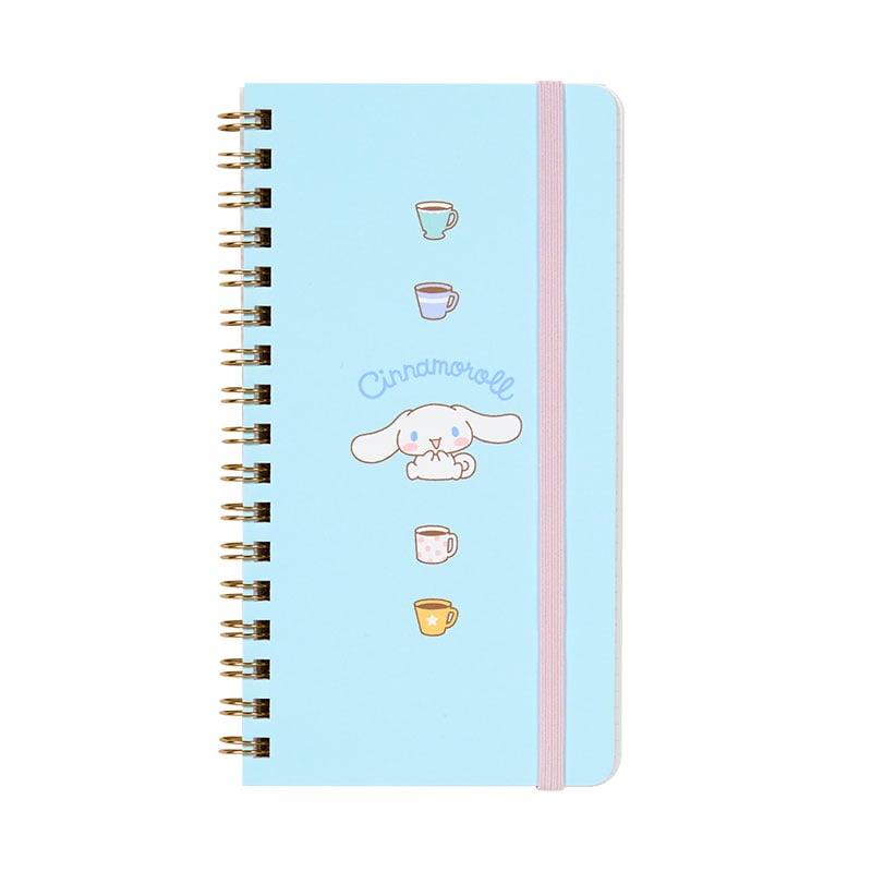 Cinnamoroll Spiral Notebook with Sanrio Characters, showing the elastic closure and slim design.