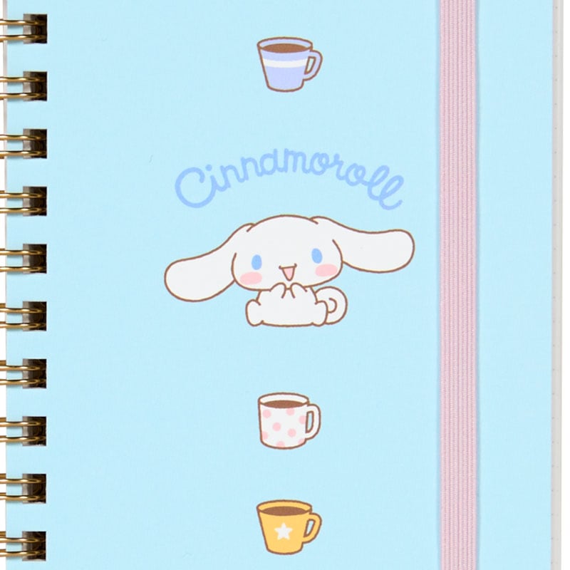 Cinnamoroll Spiral Notebook with Sanrio Characters, showing the elastic closure and slim design.