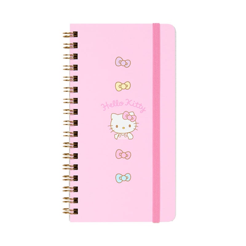Close-up of Hello Kitty spiral notebook showcasing elastic closure and character design.