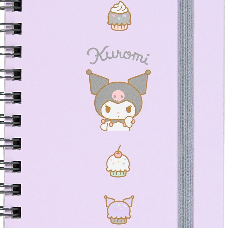 Front view of Kuromi spiral notebook showing Sanrio artwork and elastic closure