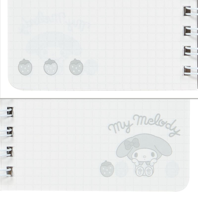 Front view of My Melody journal showing spiral bound design and elastic strap