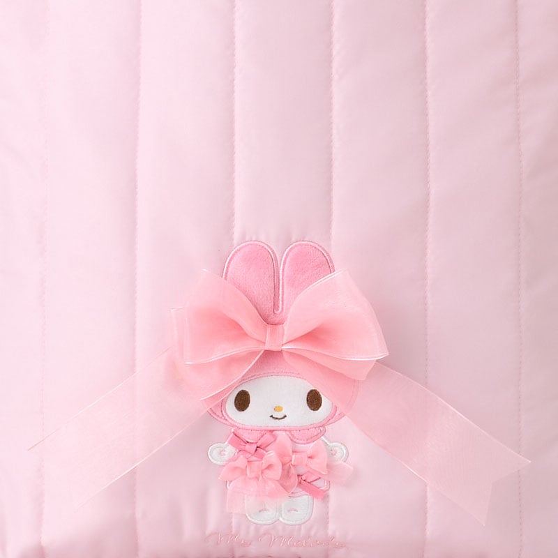Front view of the My Melody 50th Anniversary tote bag, showcasing organza ribbons
