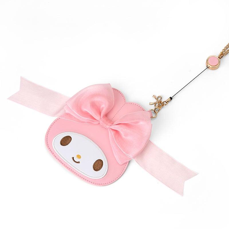 Front view of the plush My Melody card case with key reel attached
