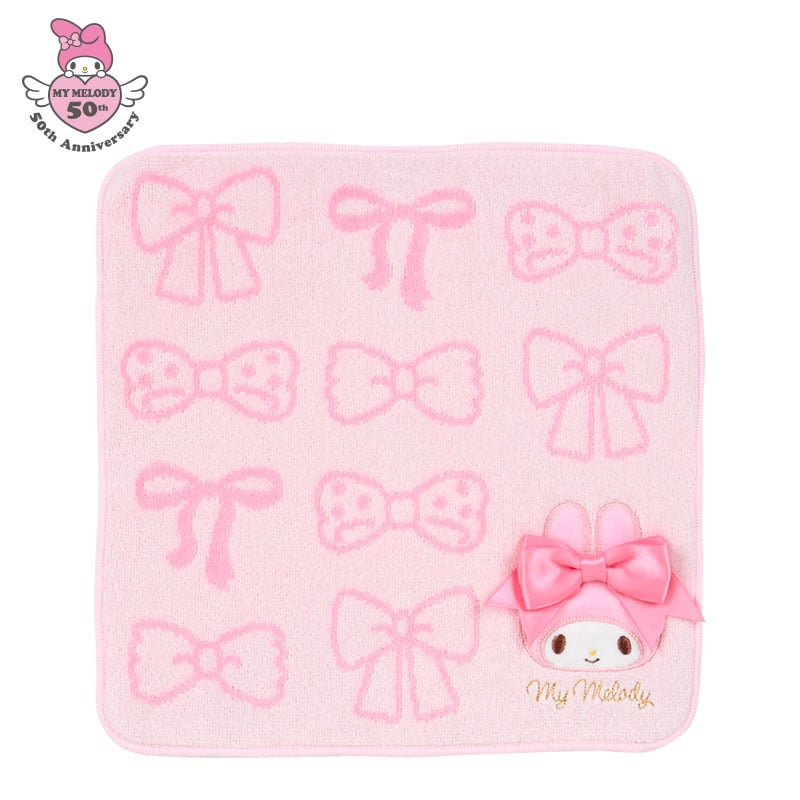 My Melody washcloth with embroidered character and ribbon accents, ideal for gift-giving