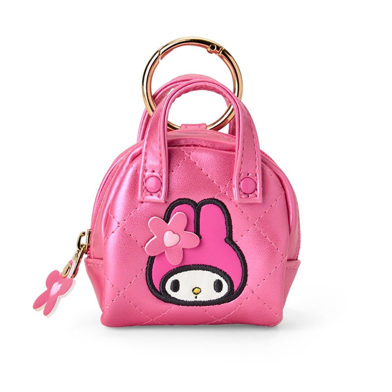 My Melody Mini Quilt bag charm close-up, highlighting its embroidered details and pearlized finish