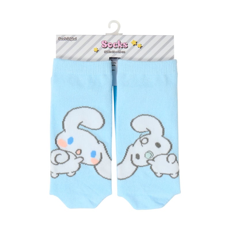 Cinnamoroll crew socks folded to show both heel designs