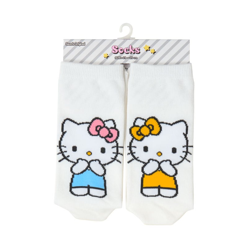 Close-up of Hello Kitty character socks showing left and right heel design