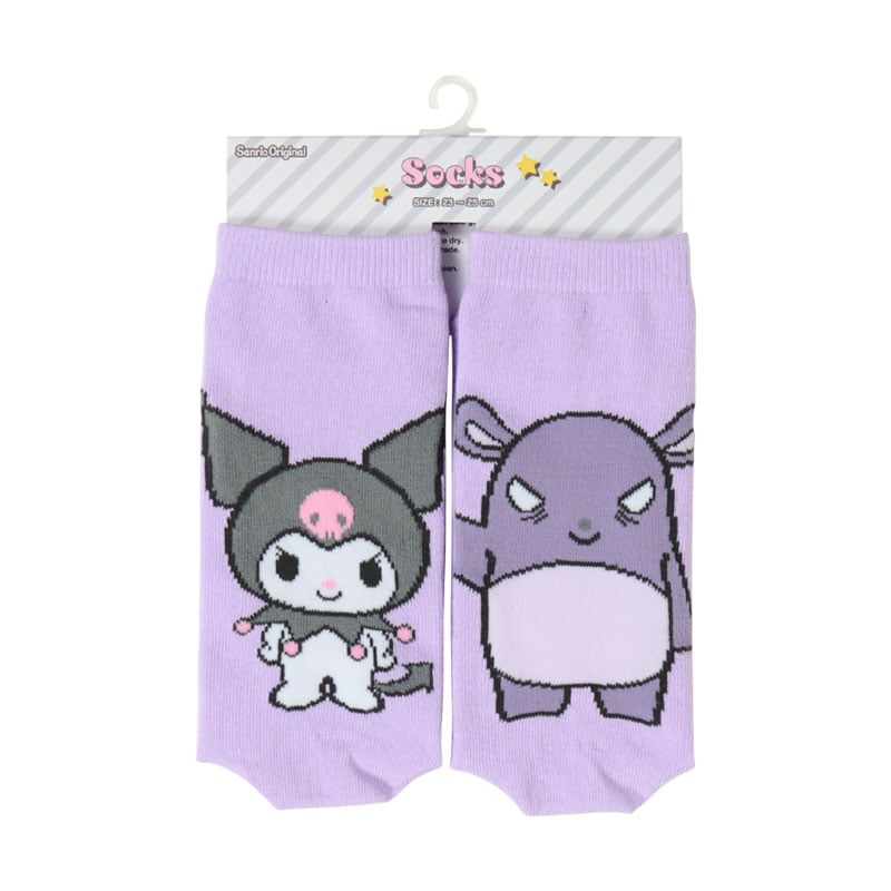 Kuromi crew socks folded to show left and right heel designs
