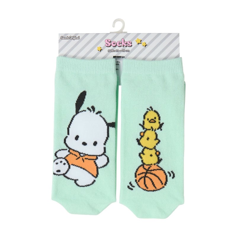 Front view of Pochacco Besties Crew Socks with Sanrio character patterns