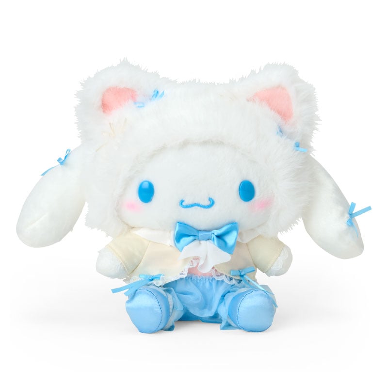 Front view of the Cinnamoroll plush toy wearing a ballet tutu and kitten ears
