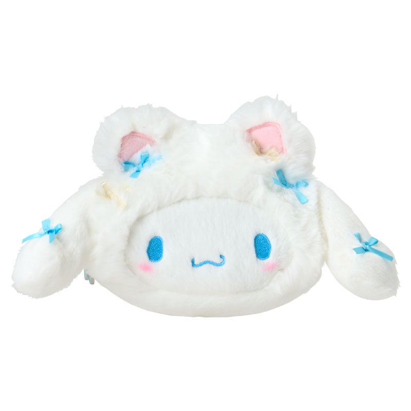 Front view of the ballet Cinnamoroll plush zipper pouch with kitten ears.