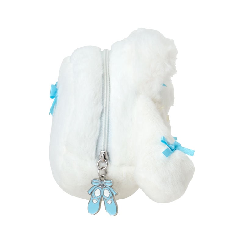 Front view of the ballet Cinnamoroll plush zipper pouch with kitten ears.