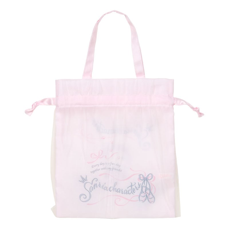 Side profile of ballet pouch displaying lace and ribbon details