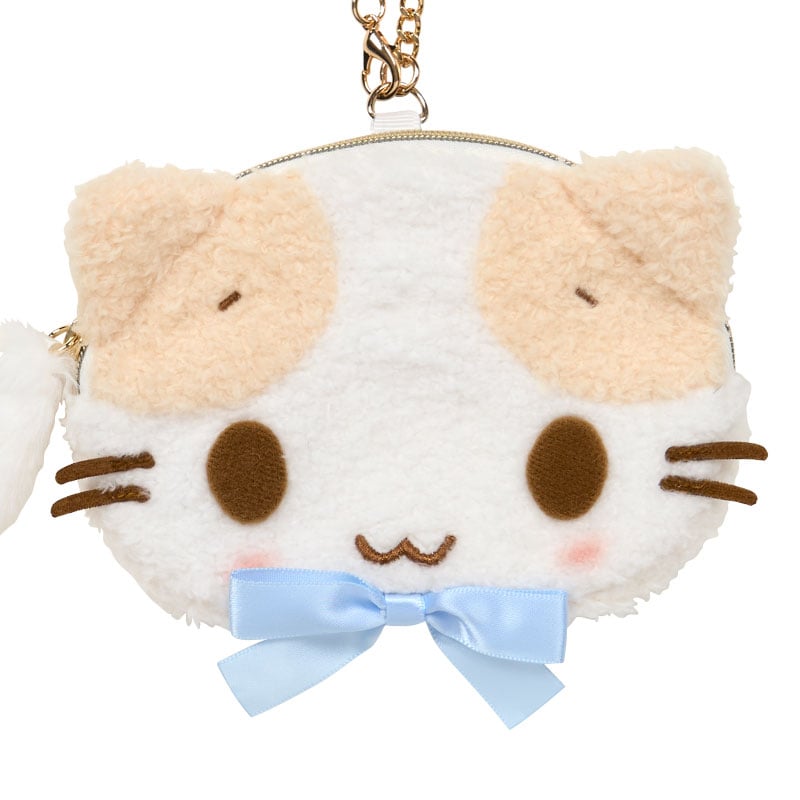 Front view of mocha Masyumaro pouch with embroidered cat face and gold zipper