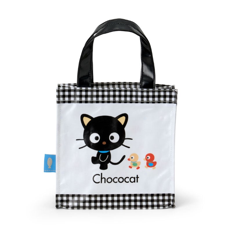 Front view of Chococat Sanrio tote bag with plush charm attached