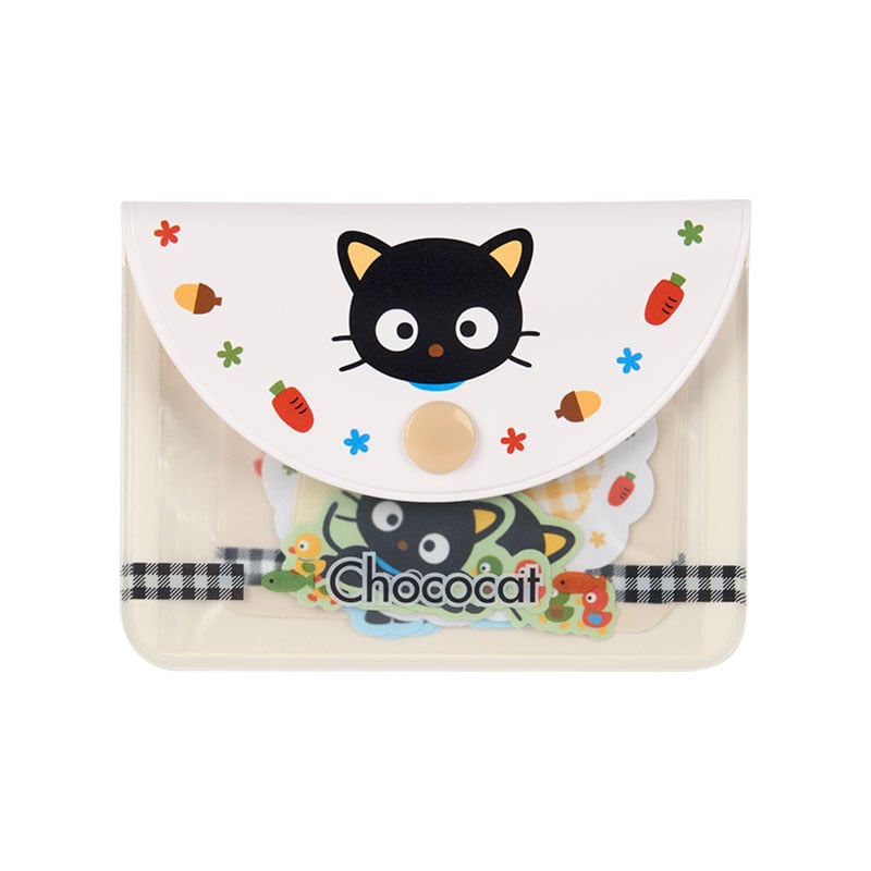 Close-up of mini sticker pack showing Chococat and Sanrio designs