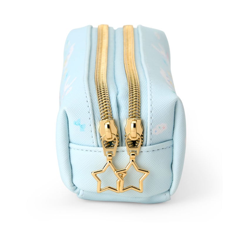 Open pencil case pouch showing two zipper compartments filled with pens and pencils