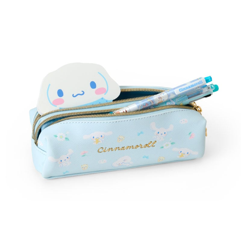 Open pencil case pouch showing two zipper compartments filled with pens and pencils