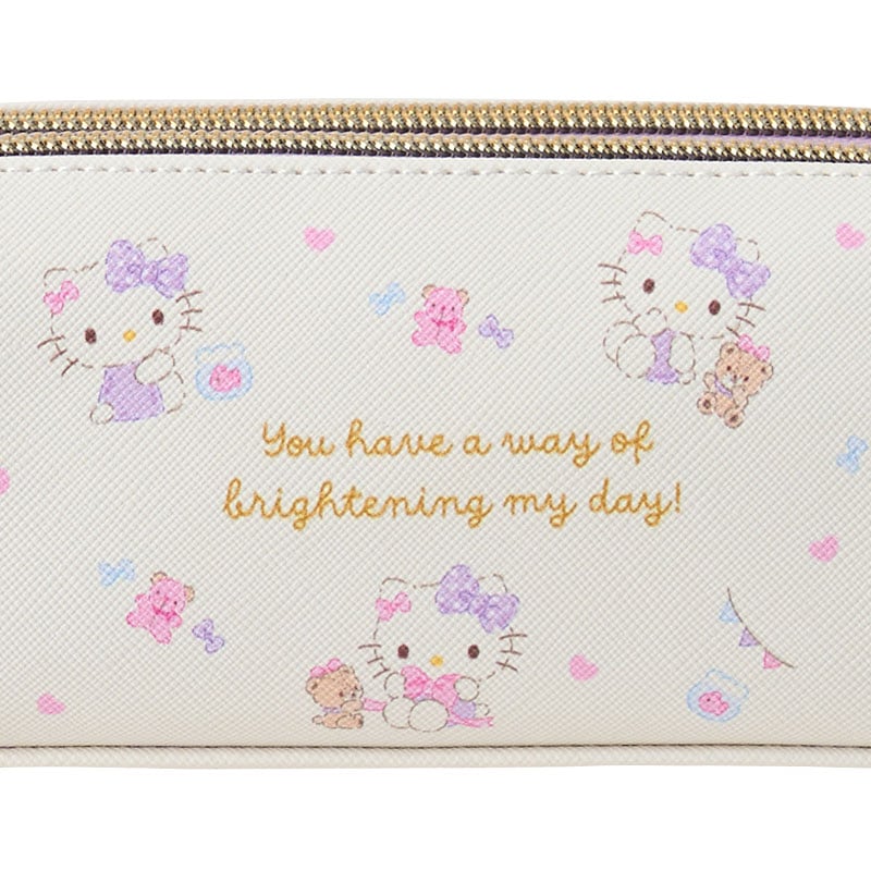 Front view of Hello Kitty pencil case showing vibrant Sanrio print and zippers