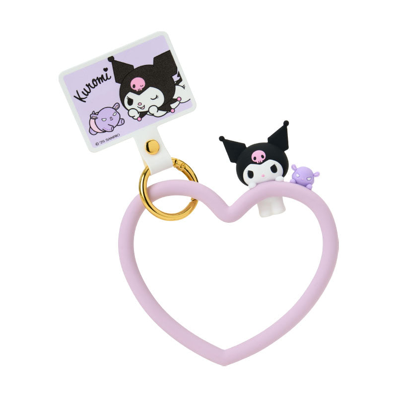 Kuromi wrist coil key ring attached to a pink smartphone case