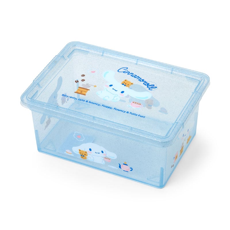 Cinnamoroll Clear Glitter Storage Bin stacked on a shelf with other bins