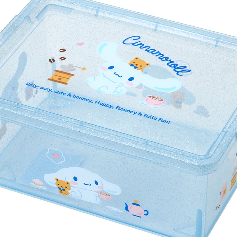 Cinnamoroll Clear Glitter Storage Bin stacked on a shelf with other bins